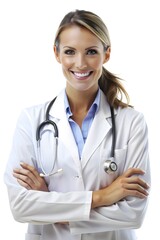 Fototapeta premium A obstetrician,dentist, pediatrician, surgeon holds a stethoscope and smiles confidently, isolated background