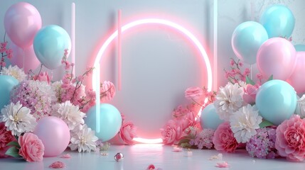Vibrant Neon Empty Frame with Flowers and Balloons for Holiday Promotions with Customizable Text Area, Generative Ai
