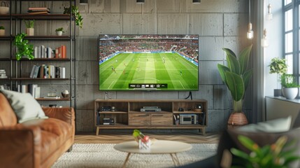 Photo of a TV with a football match on a large flat screen television. Live broadcast of the World Cup finals on sports channels. Stylish apartment living room