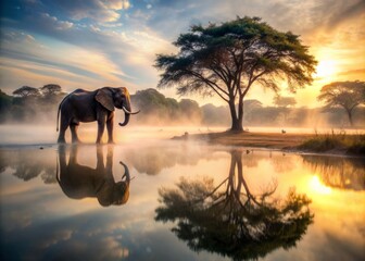 Solitary elephant stands alone beside still water reflecting its majestic form, surrounded by serene foggy landscape with misty trees in the soft morning light.