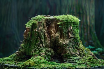 A tree stump covered with moss and greenery in a dense forest environment