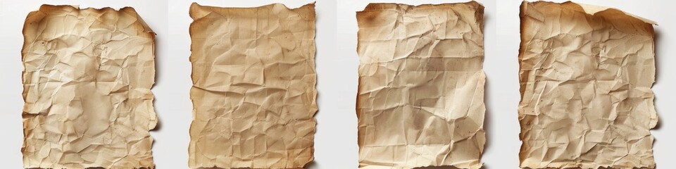 Obraz premium Four Equidistantly Placed Vintage Papers on White Background. High-Resolution 4K Wallpaper Showcasing Isolated Old Paper Textures for Artistic and Design Projects.