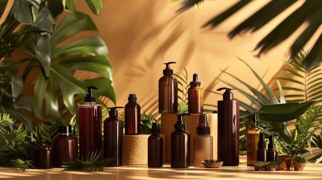 A set of cosmetic products. Bathroom shelf with set of cosmetic bottles, skin care cosmetics, body cream, shampoo, bath accessories.