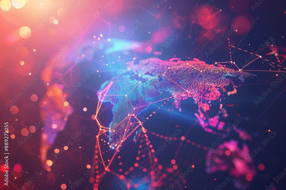 Aufkleber glowing digital plexus world map with bokeh lights background