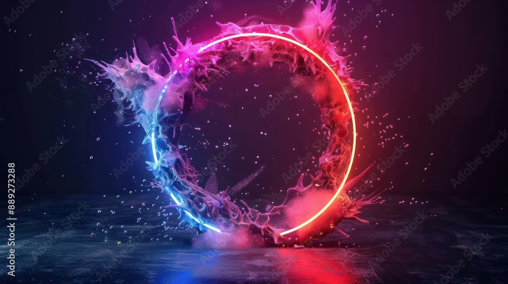 Poster luminous neon holiday promotion frame with sparkling particles for customization, generative ai