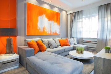 Orange Painting: Abstract Artwork on Stylish Grey Wall in Living Room Interior