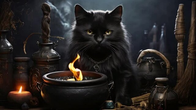 black witch cat, potion cauldron, broom, AI generated