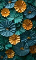A teal and gold paper flower wall decor.