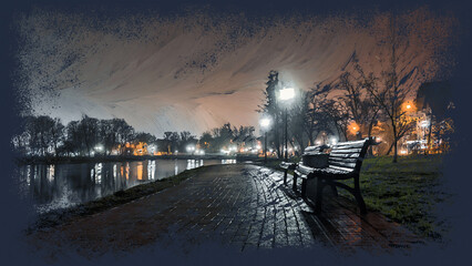 Expressive oil painting sketch of pedestrian sidewalk with empty benches lit by street lights on city lake embankment. Night cityscape impressionist digital art illustration from my own photo. © Dezart