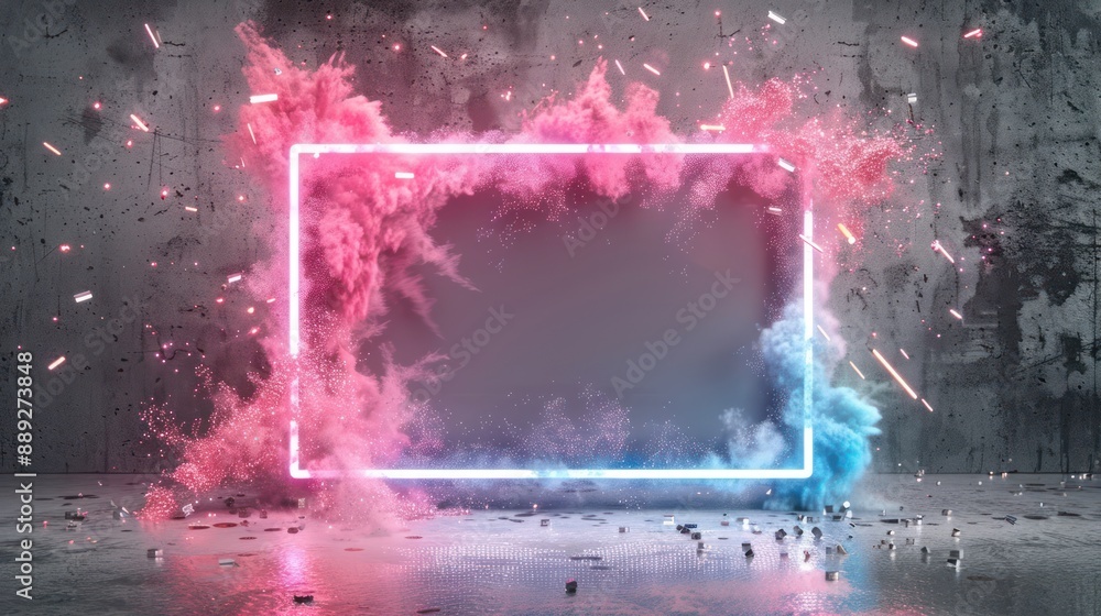 Poster vibrant neon empty frame with festive shimmering particles for customizable holiday promotion design