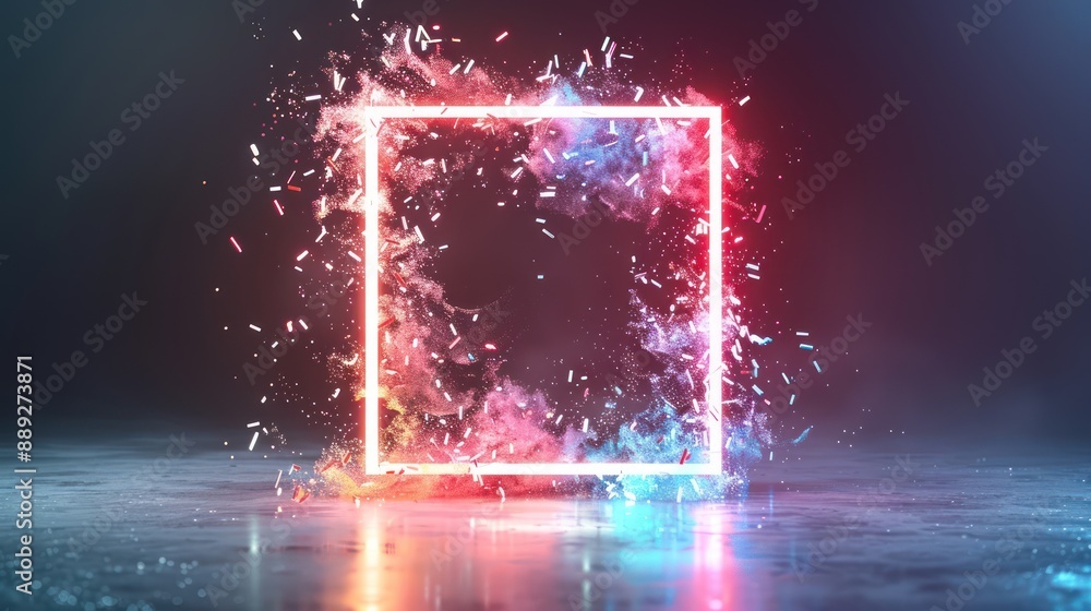 Poster glowing neon empty frame with festive shimmering particles for customizable holiday text space, gene