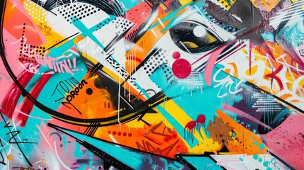 Obraz premium Colorful photographs come to life on this street art mural. Express your artist's creativity through a combination of text and graffiti. Full Frame.