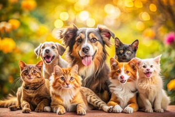 Adorable dogs and cats of various breeds and ages cuddle and play freely in a bright, colorful setting, exuding joy and gratitude for their new forever homes.