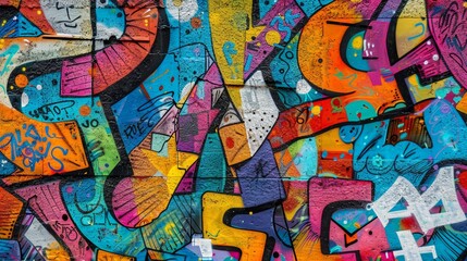 Obraz premium Colorful photographs come to life on this street art mural. Express your artist's creativity through a combination of text and graffiti. Full Frame.