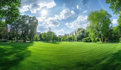 Obraz premium A wide format image of a manicured country lawn surrounded by trees and shrubs on a sunny spring afternoon. Spring summer in the countryside.