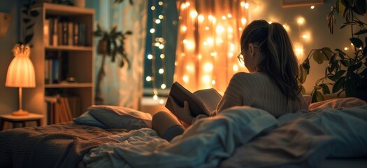A relaxing bedroom setup with soft lighting, comfortable bedding, and a person reading a book before bed