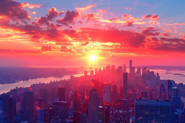 Fototapeta premium Breathtaking cityscape view of a setting sun over a vibrant urban skyline