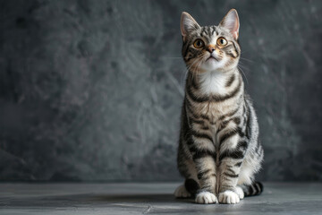 Portrait of a Curious Tabby Cat. Close-up portrait of an adorable tabby cat with expressive eyes and detailed fur, sitting against a dark, textured background, capturing its curious nature.