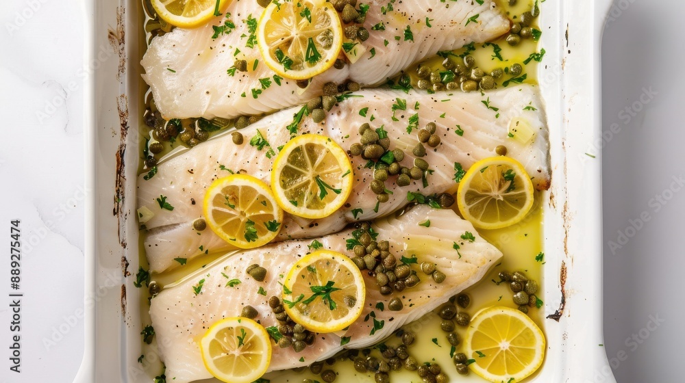 Wall mural a white dish with fish and lemon slices