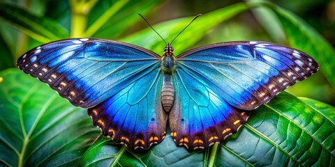Vibrant blue hues and delicate patterns adorn the intricate head and wing of a blue morpho butterfly in a stunning, detailed, macro close-up photograph.