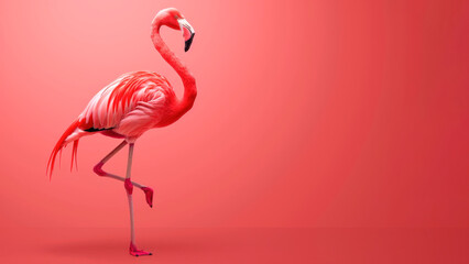 Pink Flamingo on Pink Background. Striking pink flamingo standing on one leg against a matching pink background, highlighting its vibrant feathers and elegant posture in a minimalist setting. © OMGAi