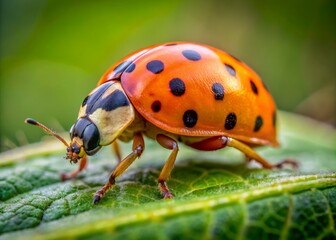 Vibrant orange ladybug with black spots perched on a soft green leaf, delicate legs and antennae visible, against a blurred natural background.