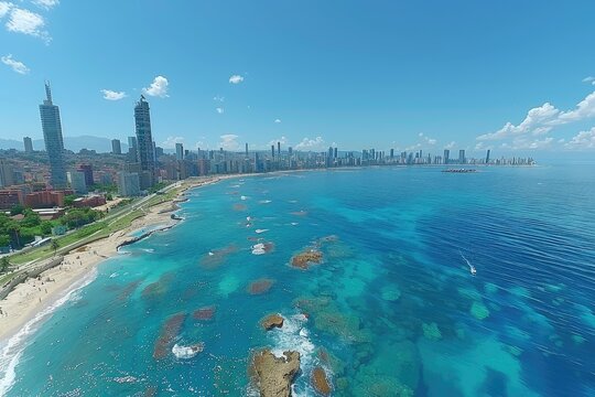 Stunning aerial view of cityscape with beach blue ocean and rocky formations