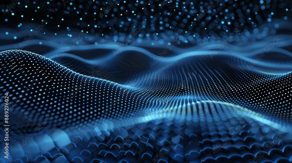 Poster waves of dots and lines weave abstract blue background for designs on topics of cyberspace, big data