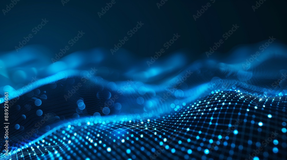 Poster waves of dots and lines weave abstract blue background for designs on topics of cyberspace, big data