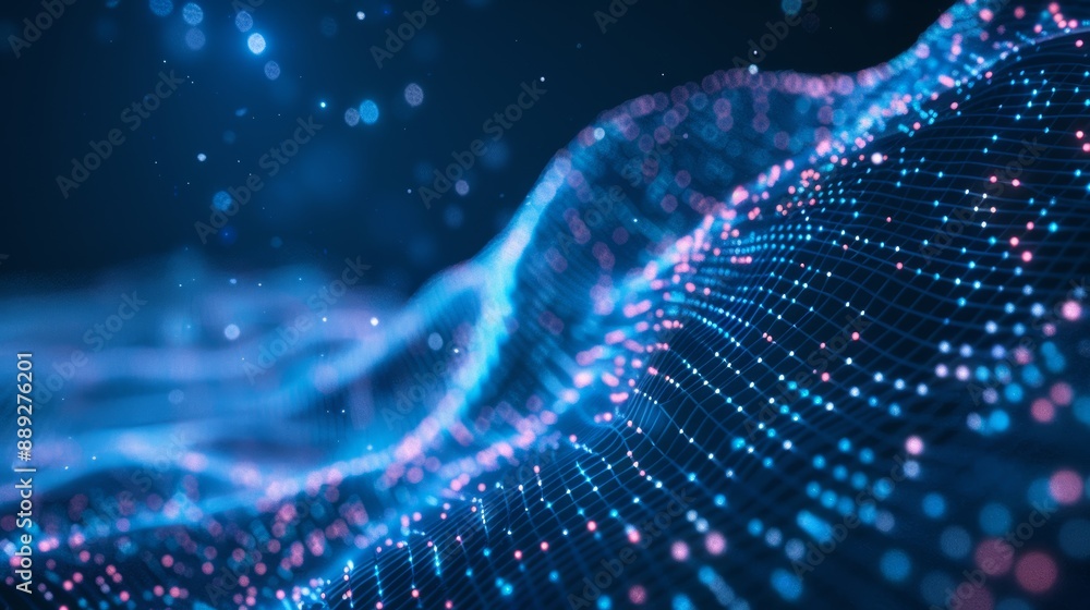 Poster waves of dots and lines weave abstract blue background for designs on topics of cyberspace, big data