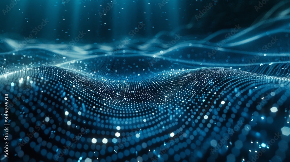 Poster waves of dots and lines weave abstract blue background for designs on topics of cyberspace, big data