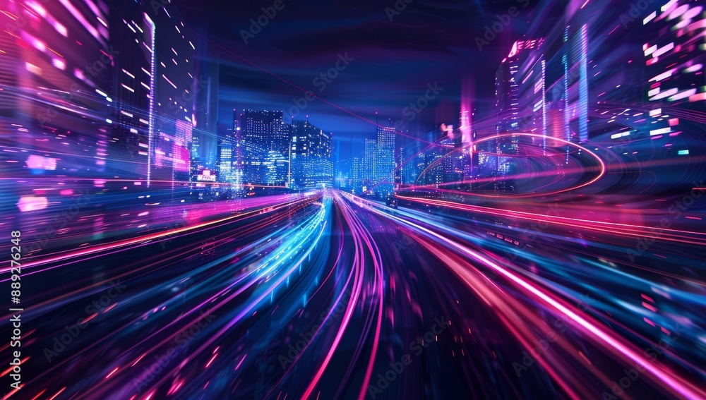Poster futuristic glowing neon lights in vibrant colors form a curved tunnel with a starry background