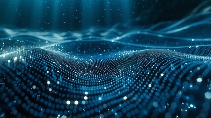 Waves of dots and lines weave Abstract blue background for designs on topics of cyberspace, big data, metaverse, network security, data transfer on dark blue abstract cyberspace background.