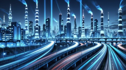 Fototapeta premium Industrial area night long A futuristic industrial cityscape