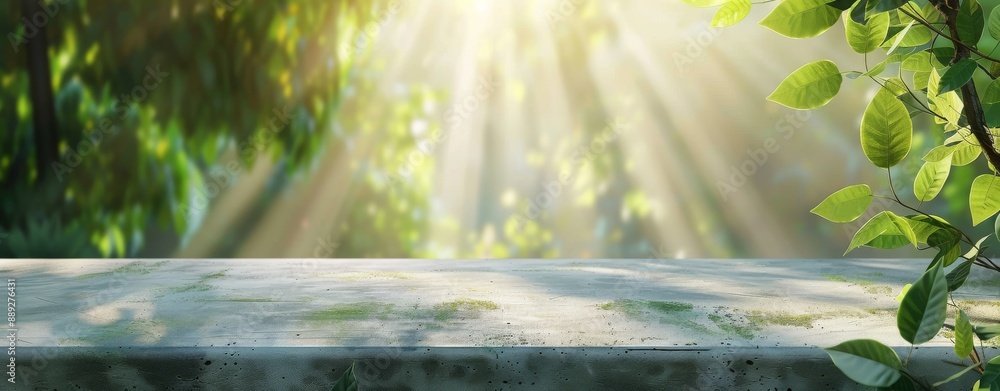 Aufkleber an empty stone table in a beautiful garden provides a stunning background for the design and display