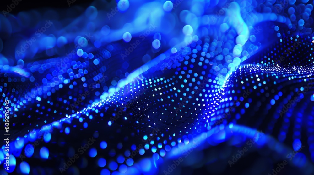 Poster waves of dots and lines weave abstract blue background for designs on topics of cyberspace, big data