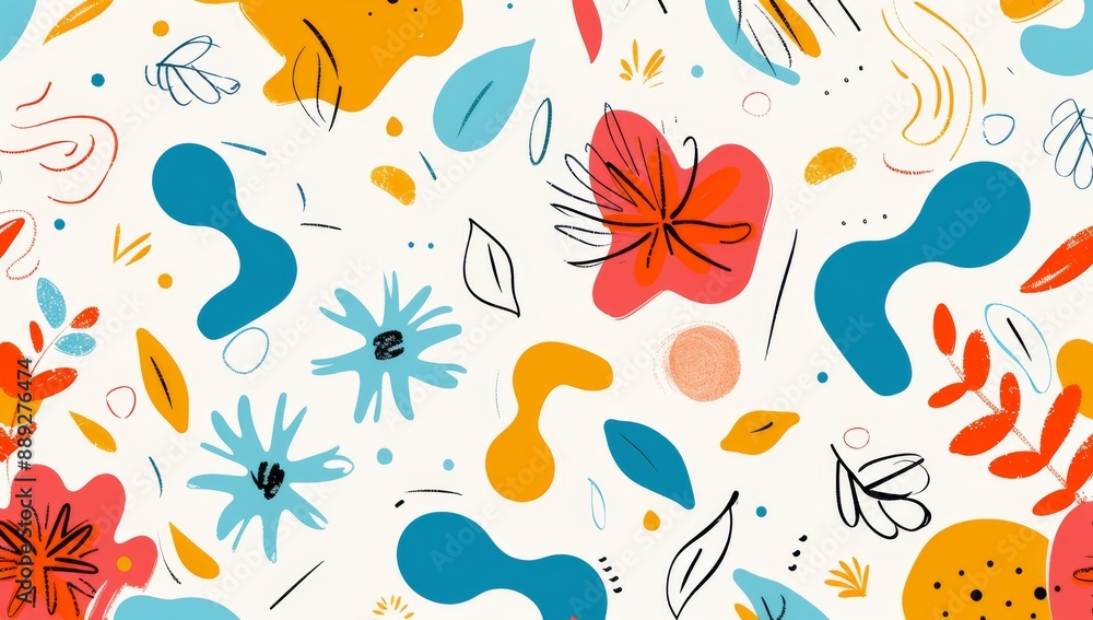 Poster an abstract print in retro style with vibrant organic shapes set against a stylish background.