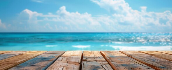 Obraz premium A wood table top on a blue summer sparking sea water background with bokeh