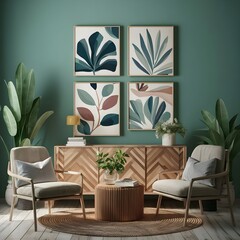 Abstract foliage-themed plant art design on a series of canvases.
