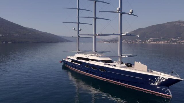 Aerial view of mega yacht anchored in Kotor Bay, Montenegro.