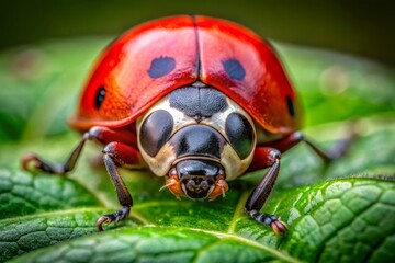 Naklejka premium Vibrant red ladybug with intricate details and shining eyes rests on a fresh green leaf, its wings folded, posing for a stunning close-up portrait.
