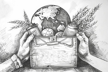 Two hands holding a box of food items in front of a globe illustration, International Day of Charity