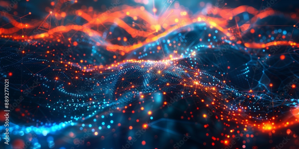 Poster glowing orange and blue digital particles form a futuristic landscape with a sense of depth and move