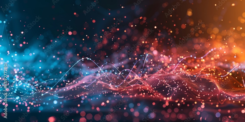 Poster glowing orange and blue digital particles form a futuristic landscape with a sense of depth and move