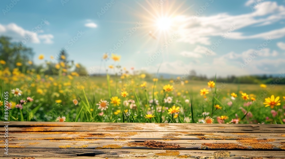 Poster in the foreground is a green grass meadow with a warm bokeh background around a wooden table top dis