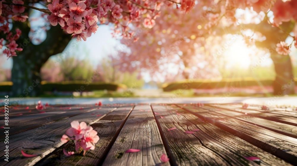 Aufkleber in the background is an empty wooden surface for presenting products against a blurred spring backgr