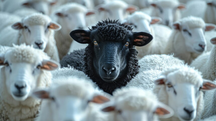 A black sheep among a flock of white sheep. Concept of individuality, nonconformity, being a leader, standing out from the crowd, being different and unique. 