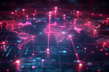 Glowing red digital world map with circuit board and binary code background