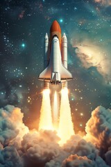 creative illustration of a rocket taking off from the clouds , concept of new ideas and beginnings