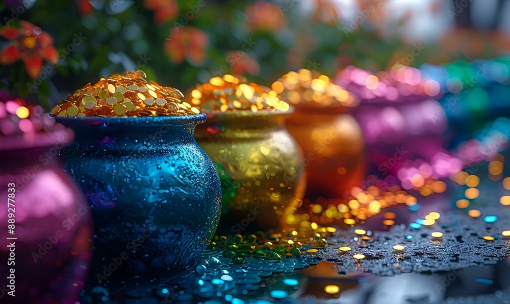 Poster colorful pots with glitter lining, perfect for adding a touch of sparkle.